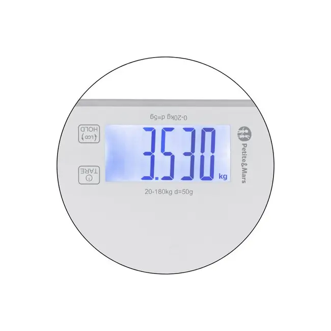 Cantar electronic, Petite&Mars, 2 in 1, Multifunctional, Panou cu touch, Pentru bebelusi si adulti, Pana 180 kg, Alb BYN682025