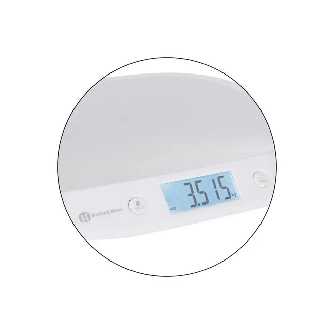 Cantar electronic, Petite&Mars, Pentru bebelusi, Pana la 20 kg, Forma ergonomica, Inregistreaza greutatea si in timpul miscarii, Alb BYN682015