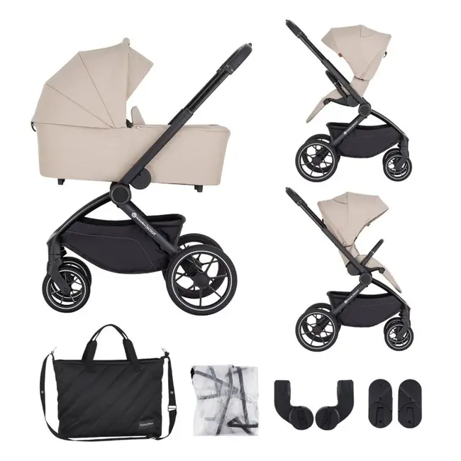 Carucior 2 in 1, Petite&Mars, Scout, Cu landou pliabil, Reversibil, Spatar si suport de picioare reglabile in 3 pozitii, Maner ajustabil, Cu accesorii, Pana la 22 kg, 0 luni+, Bej BYN555696