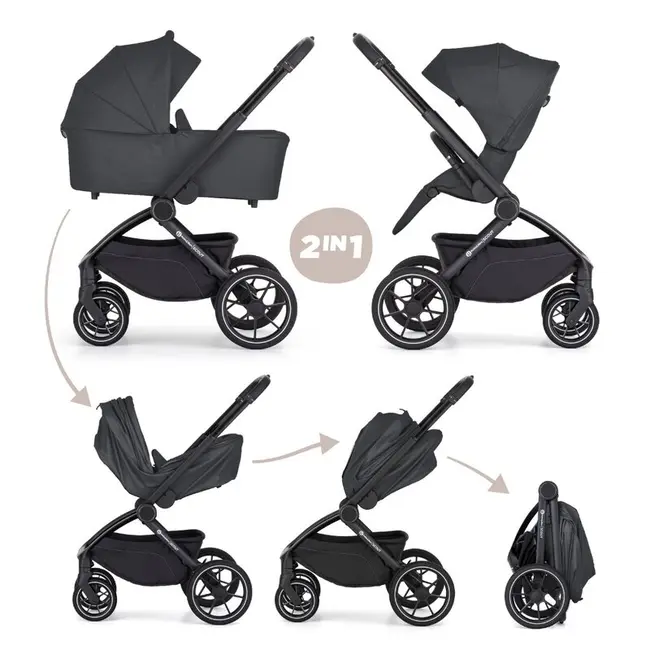 Carucior 2 in 1, Petite&Mars, Scout, Cu landou pliabil, Reversibil, Spatar si suport de picioare reglabile in 3 pozitii, Maner ajustabil, Cu accesorii, Pana la 22 kg, 0 luni+, Gri BYN555697