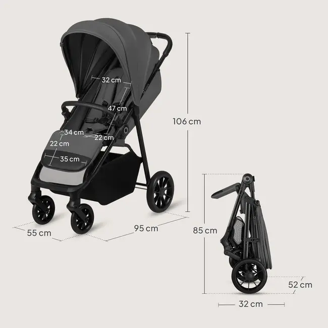 Carucior sport, Lionelo, Emerald, Pliere cu o mana, Copertina XXL UPF50+, Spatar reglabil, Suspensie completa, Roti EVA, 6- 48 luni, Pana la 22 kg, Gri BYNLO-EMERALD_GREY_STONE