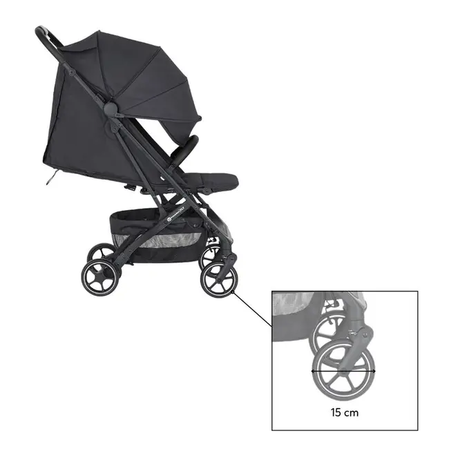 Carucior sport, Petite&Mars, Fly, Pliere compacta, Spatar reglabil pana la pozitie de somn, Suport picioare reglabil, Copertina extensibila cu protectie UPF40+, Suport pahar inclus, Pana la 22 kg, 0 luni+, Negru BYN554764