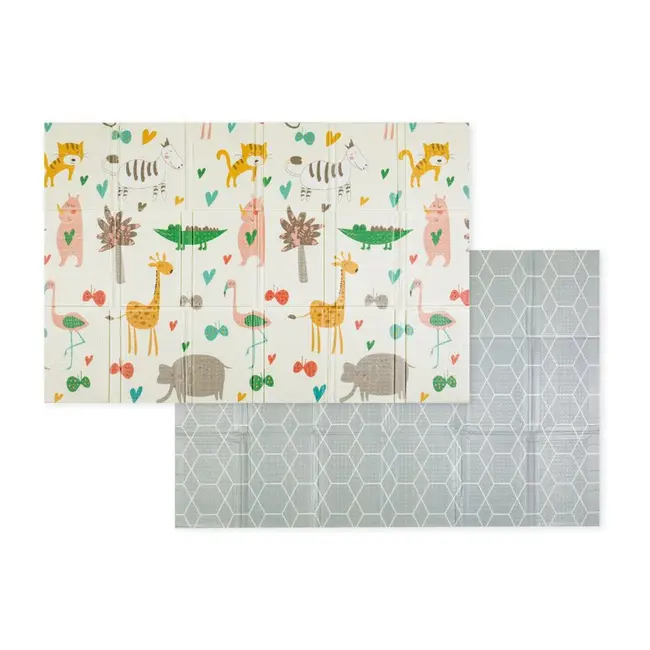 Covoras educativ, Petite&Mars, Campy L, Din spuma XPE non-toxica, Cu doua fete, Suprafata antiderapanta, 130x200 cm, Pliabil compact 40&times;32&times;21 cm, Model animalute si forme geometrice BYN434076