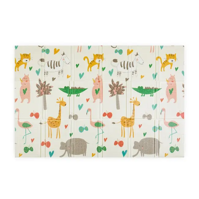 Covoras educativ, Petite&Mars, Campy L, Din spuma XPE non-toxica, Cu doua fete, Suprafata antiderapanta, 130x200 cm, Pliabil compact 40&times;32&times;21 cm, Model animalute si forme geometrice BYN434076