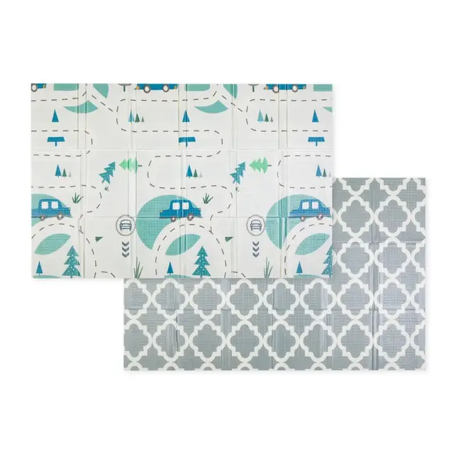 Covoras educativ, Petite&Mars, Campy L, Din spuma XPE non-toxica, Cu doua fete, Suprafata antiderapanta, 130x200 cm, Pliabil compact 40&times;32&times;21 cm, Model masini si forme geometrice BYN434073