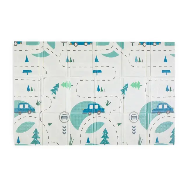 Covoras educativ, Petite&Mars, Campy L, Din spuma XPE non-toxica, Cu doua fete, Suprafata antiderapanta, 130x200 cm, Pliabil compact 40&times;32&times;21 cm, Model masini si forme geometrice BYN434073