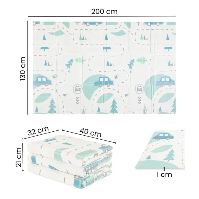 Covoras educativ, Petite&Mars, Campy L, Din spuma XPE non-toxica, Cu doua fete, Suprafata antiderapanta, 130x200 cm, Pliabil compact 40&times;32&times;21 cm, Model masini si forme geometrice BYN434073