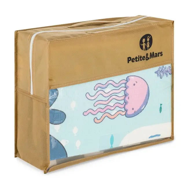 Covoras educativ, Petite&Mars, Campy S, Din spuma XPE non-toxica, Cu doua fete, Suprafata antiderapanta, 120x120 cm, Pliabil compact 40&times;30&times;13 cm, Model animalute si forme geometrice BYN433077