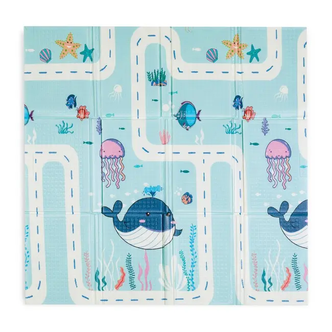 Covoras educativ, Petite&Mars, Campy S, Din spuma XPE non-toxica, Cu doua fete, Suprafata antiderapanta, 120x120 cm, Pliabil compact 40&times;30&times;13 cm, Model animalute si forme geometrice BYN433077