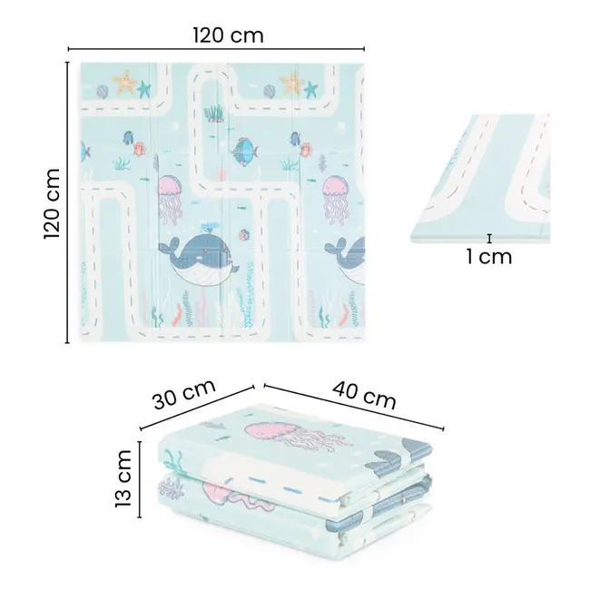 Covoras educativ, Petite&Mars, Campy S, Din spuma XPE non-toxica, Cu doua fete, Suprafata antiderapanta, 120x120 cm, Pliabil compact 40&times;30&times;13 cm, Model animalute si forme geometrice BYN433077