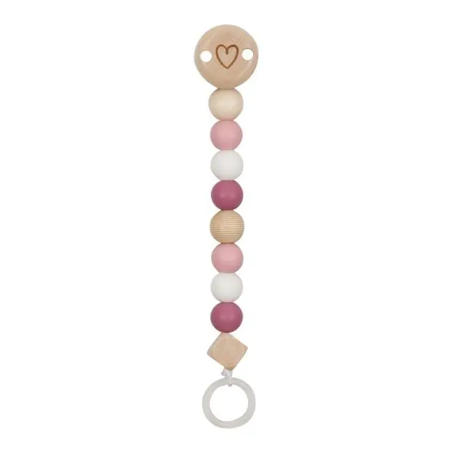 Lant din lemn pentru suzeta hearts pastel pink - okegoki65240