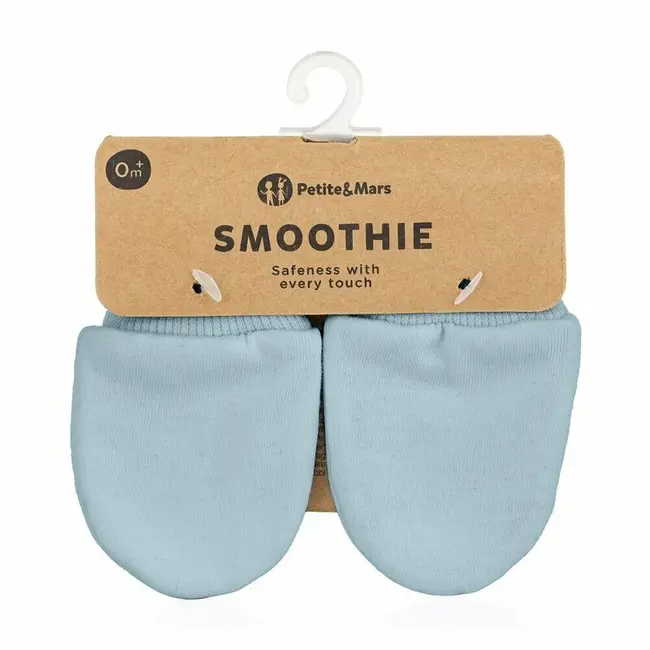 Manusi pentru nou-nascuti, Petite&Mars, Smoothie, Bumbac 100%, Material moale si respirabil, Protectie impotriva zgarieturilor, Manseta lata, 2 straturi, 6 x 10 cm, 0 luni+, Albastru BYN557787