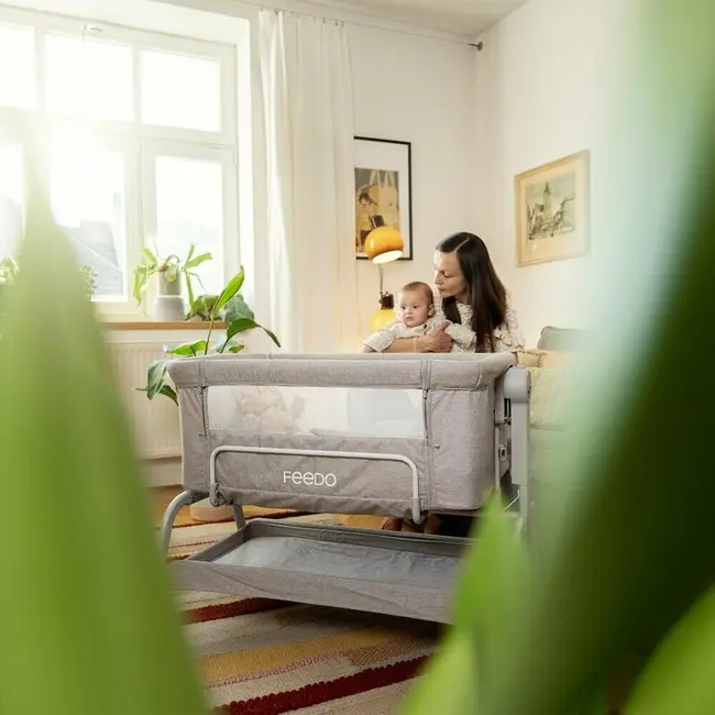 Patut co-sleeper, Feedo, Cu sistem de leganare, Inaltime adjustabila pana la 57-69 cm, sustine pana la 9 kg, 0 luni+ Gri BYN225206