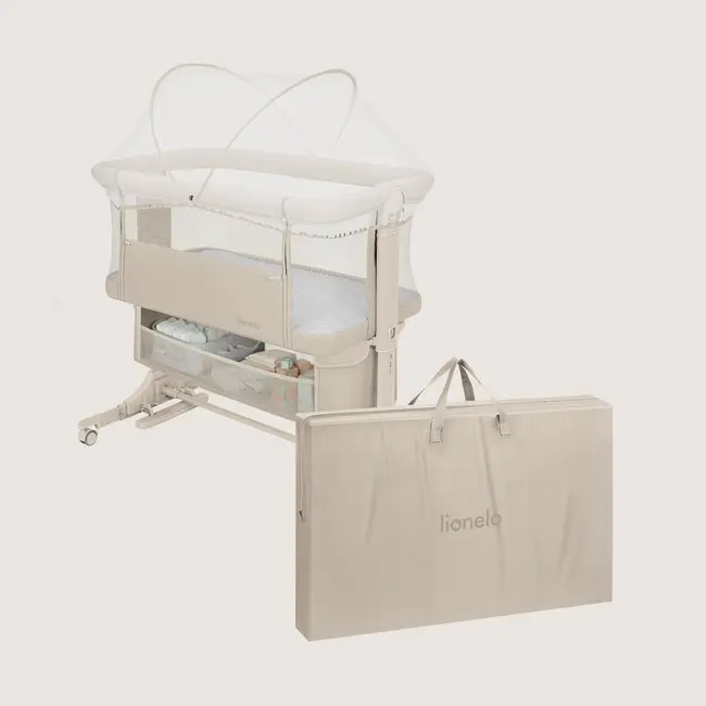 Patut co-sleeper, Lionelo, Jodie, Multifunctional, Reglabil in 6 pozitii pe inaltime, Saltea cu densitate T25, Functie de leganare, Cu plasa de tantari, Buzunar depozitare, Geanta transport, 84x48x70-80 cm, Bej BYNLO-JODIE_BEIGE_CREAM