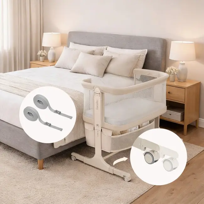 Patut co-sleeper, Lionelo, Jodie, Multifunctional, Reglabil in 6 pozitii pe inaltime, Saltea cu densitate T25, Functie de leganare, Cu plasa de tantari, Buzunar depozitare, Geanta transport, 84x48x70-80 cm, Bej BYNLO-JODIE_BEIGE_CREAM