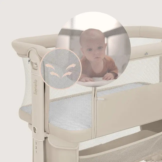 Patut co-sleeper, Lionelo, Jodie, Multifunctional, Reglabil in 6 pozitii pe inaltime, Saltea cu densitate T25, Functie de leganare, Cu plasa de tantari, Buzunar depozitare, Geanta transport, 84x48x70-80 cm, Bej BYNLO-JODIE_BEIGE_CREAM