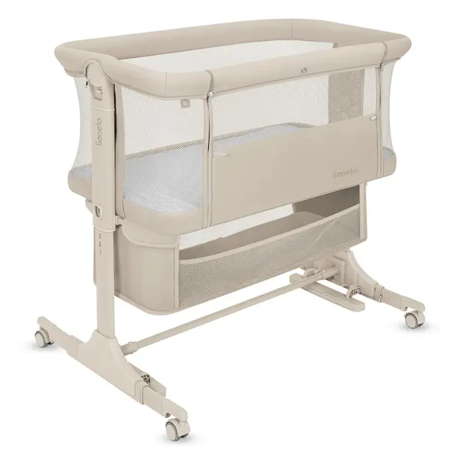 Patut co-sleeper, Lionelo, Jodie, Multifunctional, Reglabil in 6 pozitii pe inaltime, Saltea cu densitate T25, Functie de leganare, Cu plasa de tantari, Buzunar depozitare, Geanta transport, 84x48x70-80 cm, Bej BYNLO-JODIE_BEIGE_CREAM
