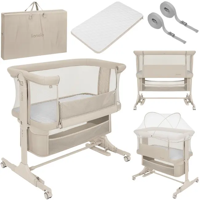 Patut co-sleeper, Lionelo, Jodie, Multifunctional, Reglabil in 6 pozitii pe inaltime, Saltea cu densitate T25, Functie de leganare, Cu plasa de tantari, Buzunar depozitare, Geanta transport, 84x48x70-80 cm, Bej BYNLO-JODIE_BEIGE_CREAM