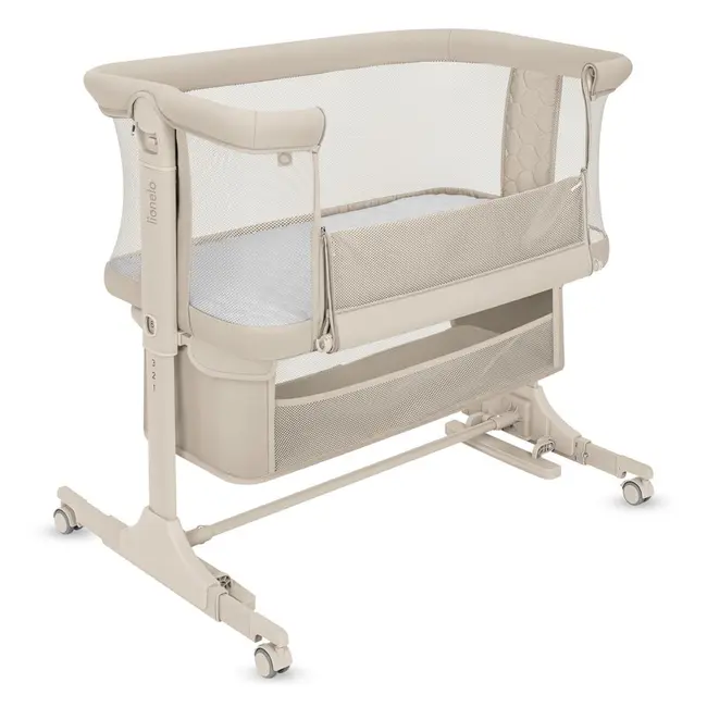Patut co-sleeper, Lionelo, Jodie, Multifunctional, Reglabil in 6 pozitii pe inaltime, Saltea cu densitate T25, Functie de leganare, Cu plasa de tantari, Buzunar depozitare, Geanta transport, 84x48x70-80 cm, Bej BYNLO-JODIE_BEIGE_CREAM