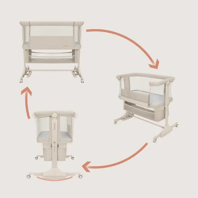 Patut co-sleeper, Lionelo, Jodie, Multifunctional, Reglabil in 6 pozitii pe inaltime, Saltea cu densitate T25, Functie de leganare, Cu plasa de tantari, Buzunar depozitare, Geanta transport, 84x48x70-80 cm, Bej BYNLO-JODIE_BEIGE_CREAM