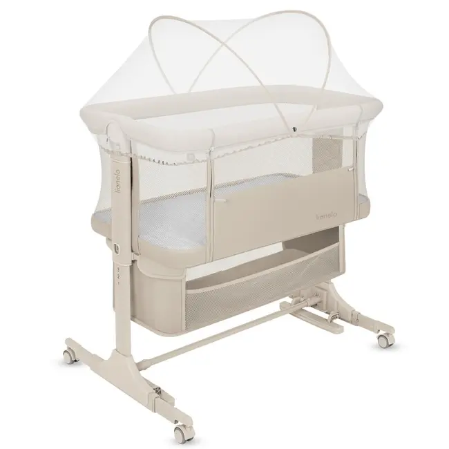 Patut co-sleeper, Lionelo, Jodie, Multifunctional, Reglabil in 6 pozitii pe inaltime, Saltea cu densitate T25, Functie de leganare, Cu plasa de tantari, Buzunar depozitare, Geanta transport, 84x48x70-80 cm, Bej BYNLO-JODIE_BEIGE_CREAM