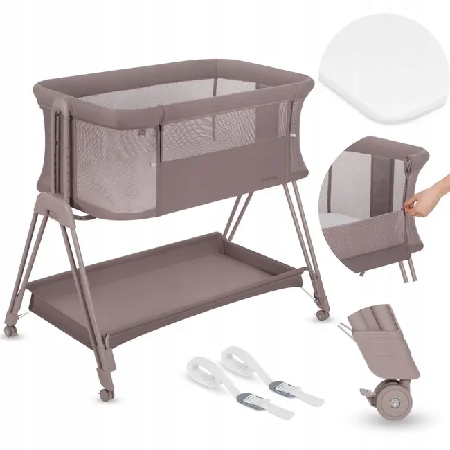 Patut co-sleeper, Lionelo, Luna, 2 in 1, Cu laterala culisanta, Cu setare unghiulara, Cu roti, Reglabil in 6 pozitii pe inaltime, Bej inchis BYNLO-LUNA_BEIGE_TAUPE