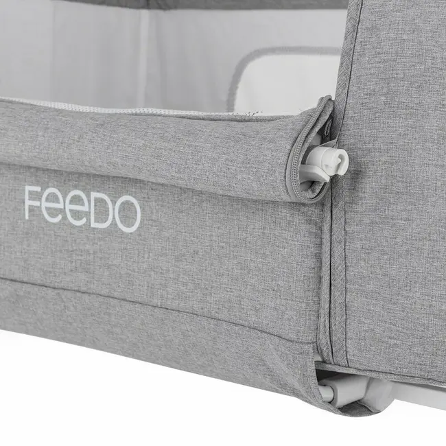 Patut co-sleeper 2 in 1, Feedo, Pliabil, Reglabil in 5 pozitii, Cu laterala detasabila, Cu roti, Greutate maxima suportata 9 kg, 0-5 luni, Gri BYN235206
