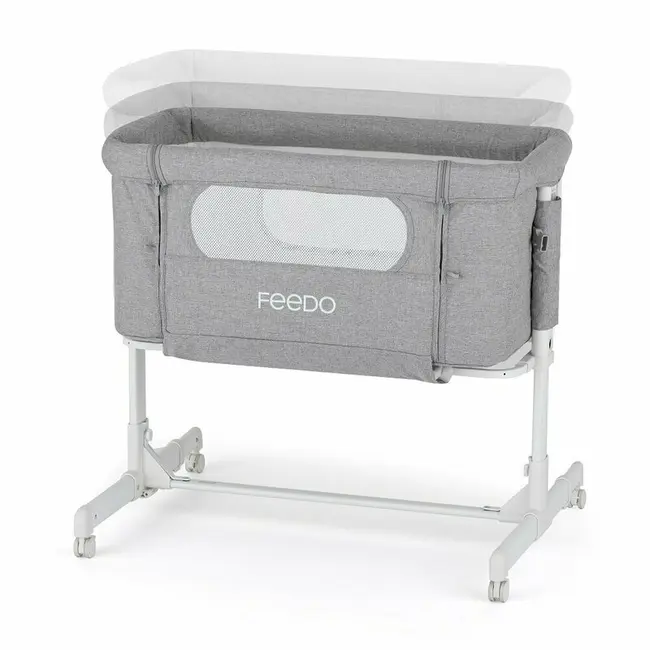 Patut co-sleeper 2 in 1, Feedo, Pliabil, Reglabil in 5 pozitii, Cu laterala detasabila, Cu roti, Greutate maxima suportata 9 kg, 0-5 luni, Gri BYN235206