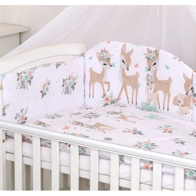 Set Lenjerie Din Bumbac Cu Protectie Laterala Pentru Pat Bebe 120 X 60 Cm, Caprioara Boho Alb, Amy Pjb81992