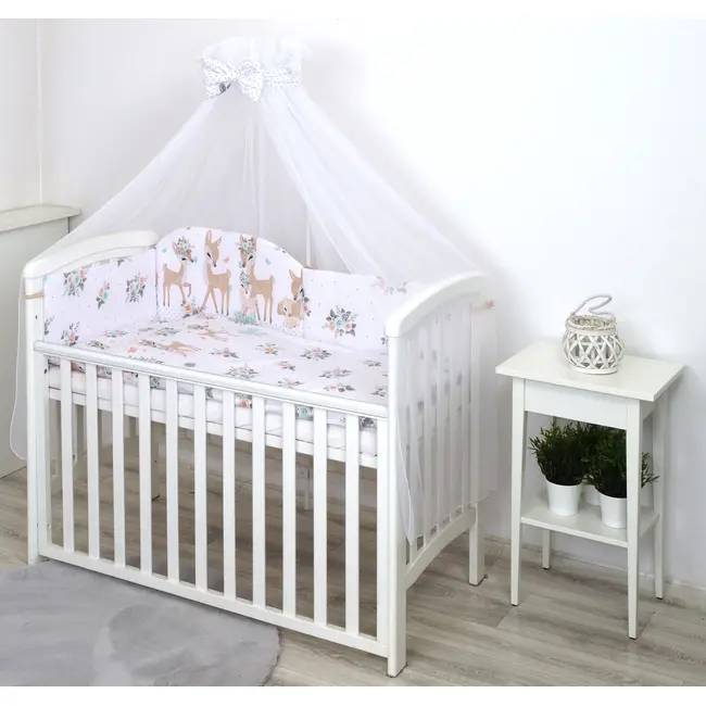Set Lenjerie Din Bumbac Cu Protectie Laterala Pentru Pat Bebe 120 X 60 Cm, Caprioara Boho Alb, Amy Pjb81992