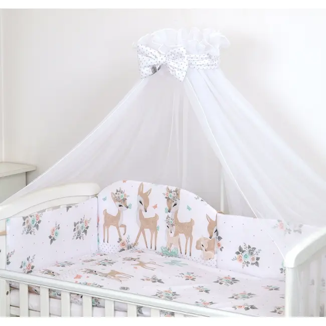 Set Lenjerie Din Bumbac Cu Protectie Laterala Pentru Pat Bebe 120 X 60 Cm, Caprioara Boho Alb, Amy Pjb81992
