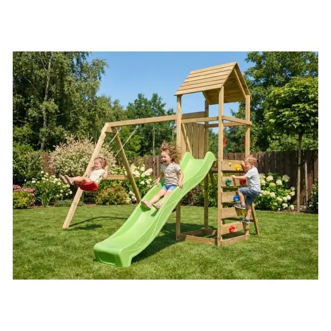 Complex joaca din lemn cu turn si 2 leagane max play 2.2 fungoo - okefu09850