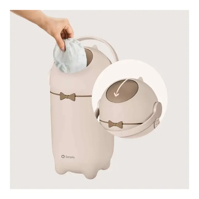 Cos pentru scutece, Lionelo, Capacitate 10 l, Sistem etans impotriva mirosurilor, Compatibil cu saci universali, Operare cu o mana, Bej BYNLOC-PUREBIN_BEIGE_SAND