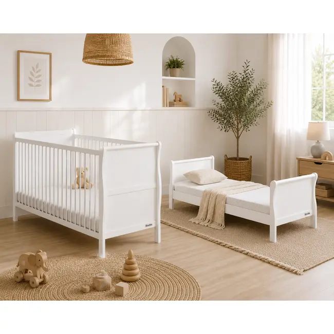Patut Din Lemn Masiv, Transformabil Pentru Bebe Si Junior, Noble Alb, 140 X 70 Cm Pjbnoble_white_140