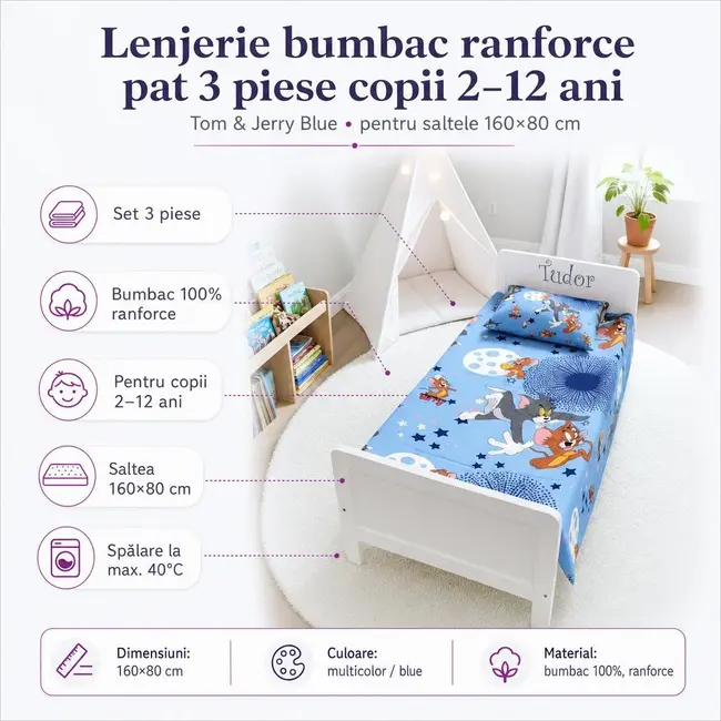 Lenjerie bumbac ranforce pat 3 piese copii 2-12 ani Tom&Jerry Blue pentru saltele 160x80 cm ASC6427968007157