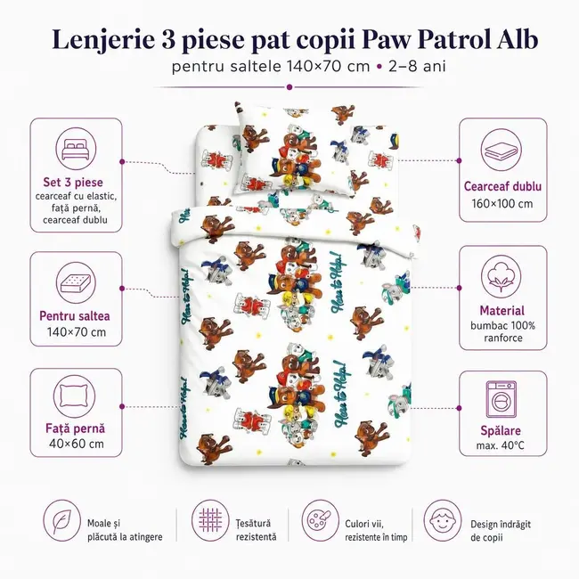 Lenjerie 3 piese pat copii Paw Patrol Alb 2-8 ani pentru saltele 140x70 ASC6427968007218