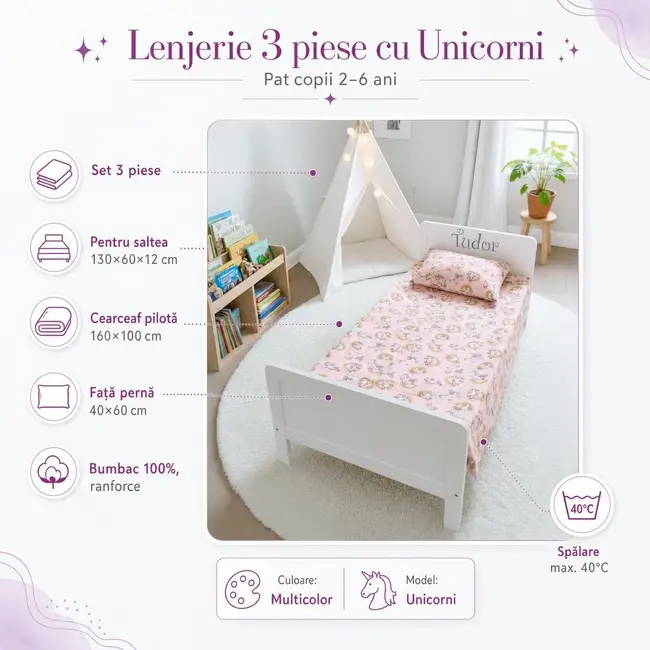 Lenjerie 3 piese cu Unicorni pat copii 2-6 ani pentru saltele 130x60 - ASC6427968007973