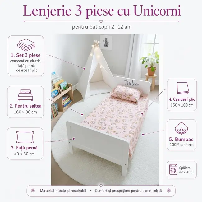 Lenjerie 3 piese cu Unicorni pat copii 2-12 ani pentru saltele 160x80 - ASC6427968007980