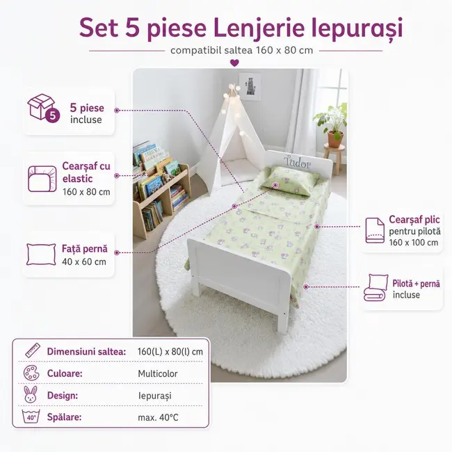 Set 5 piese Lenjerie Iepurasi saltele 160x80 compatibile cu pat 2-12 ani + Pilota + Perna - ASC6427968008154