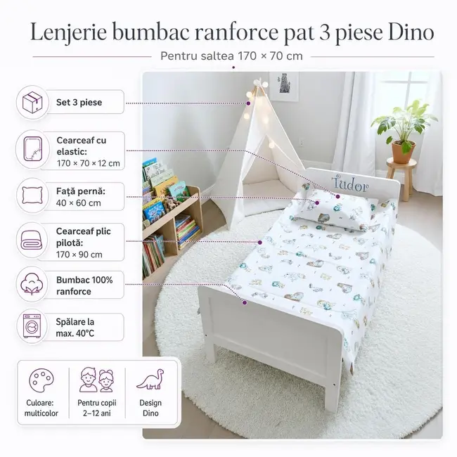 Lenjerie bumbac ranforce pat 3 piese Dino pentru saltele 170x70 cm - ASC6427968128333