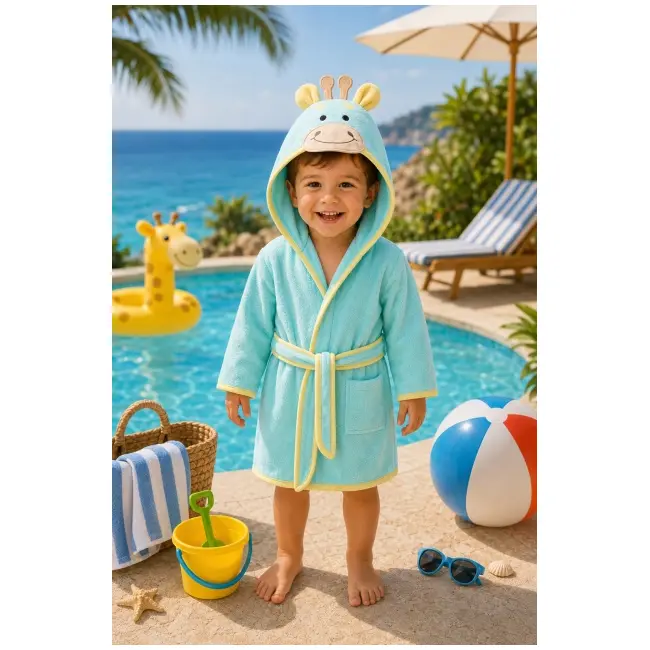Halat de baie premium, turquoise, animalut brodat, model 3d, ramel 487-3