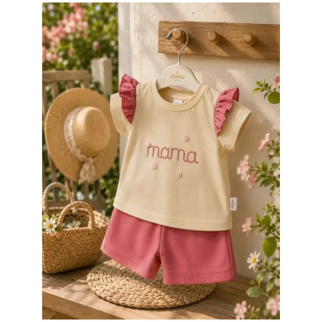 Set 2 piese donino cu broderie florala mama si maneci cu volanase, roz tram40888-1
