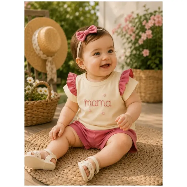Set 2 piese donino cu broderie florala mama si maneci cu volanase, roz tram40888-1