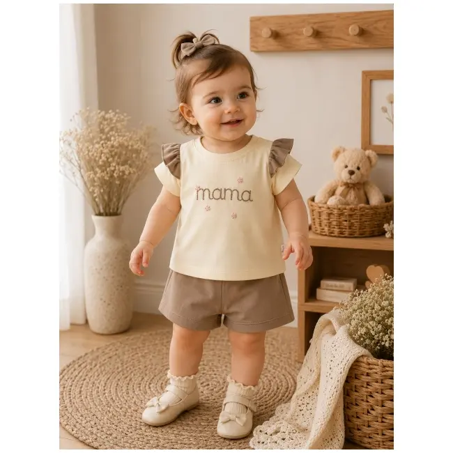 Set 2 piese donino cu broderie florala mama si maneci cu volanase tram40888
