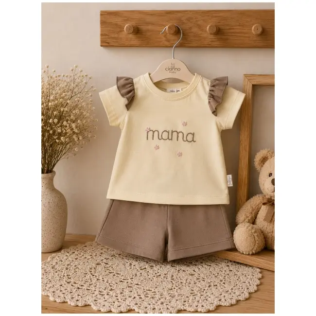 Set 2 piese donino cu broderie florala mama si maneci cu volanase tram40888