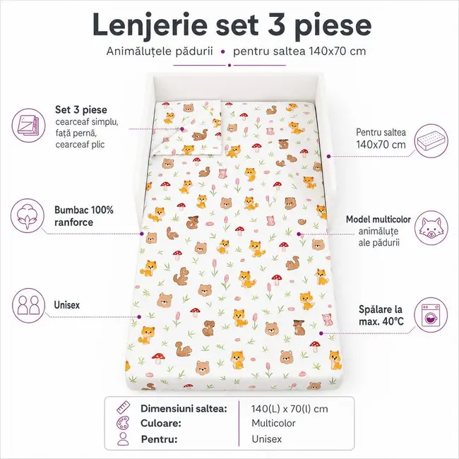 Lenjerie Set 3 piese Lenjerie Cresa - Animalutele padurii pentru saltele 140x70 - ASC6427968009397
