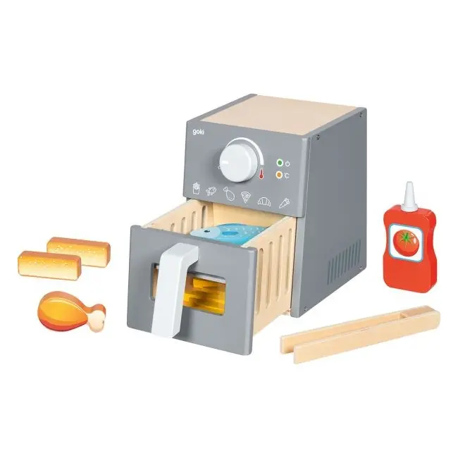 Airfryer sau friteuza din lemn cu accesorii, 16 piese, joc de rol de la 3 ani - okegoki51430