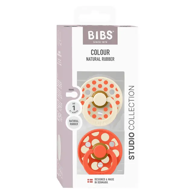 Bibs - set 2 suzete colour studio collection polka dots, tetina rotunda, 0 luni+-ivory/tango bbb11041103