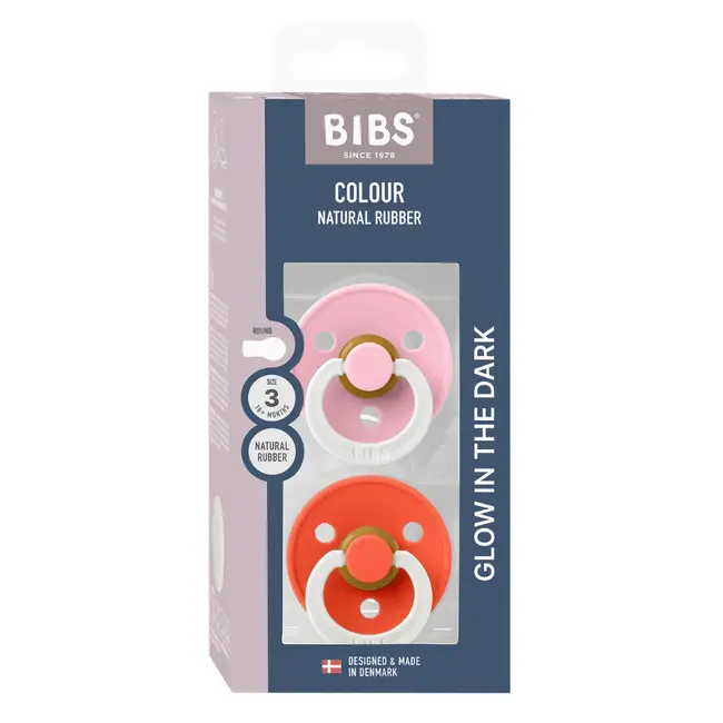 Bibs - set 2 suzete fosforescente colour glow latex, tetina rotunda, 18 luni +-baby pink/tango bbb130478