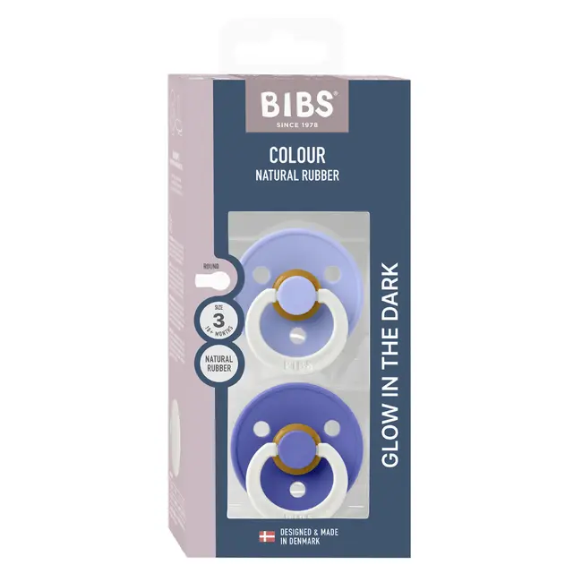 Bibs - set 2 suzete fosforescente colour glow latex, tetina rotunda, 18 luni +-hush/grape bbb130481